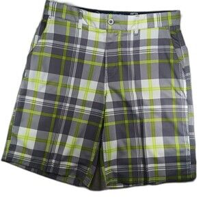 Opflex 4- Way Stretch Men's 32 Golf/Athletic Shorts. Green/ Gray Plaid.